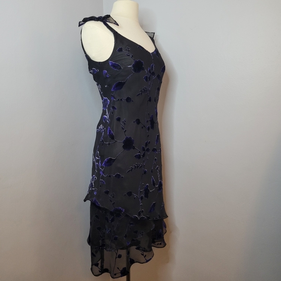 Whimsy Goth Witchy 2P Black Fairy Floral Dress Velvet Blue Flowers Evan Picone - Picture 3 of 9